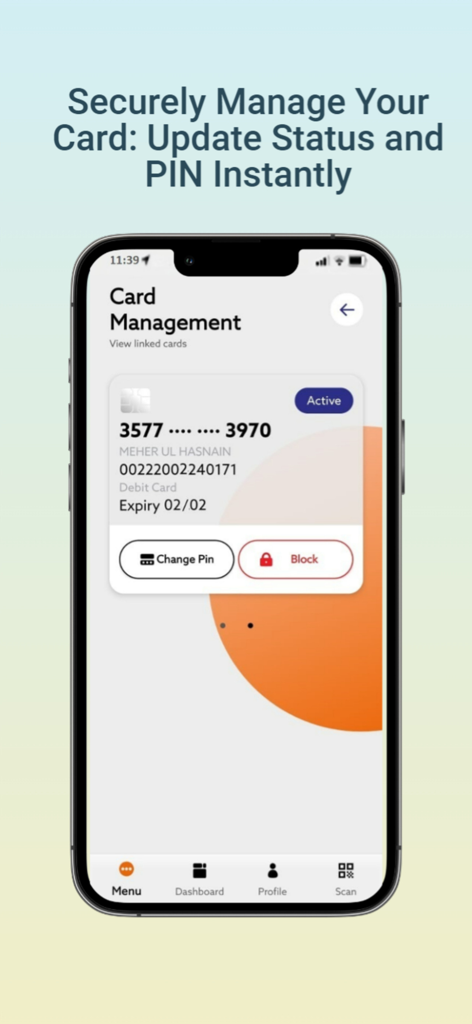 BOK Digital - Pantalla de gestión de tarjetas de la aplicación móvil BOK Digital que incluye opciones para cambiar el PIN y bloquear la tarjeta