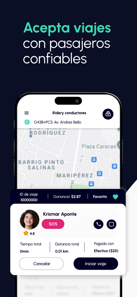 Ridery Drivers - Mobile app interface of Ridery Drivers showing a trip request from a passenger with their rating, earnings, and a map of Caracas.