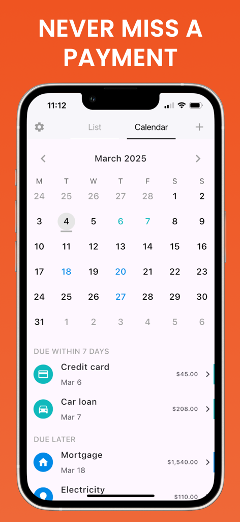 Bills: Organizer & Reminder - Interfaz de la aplicación Bills Organizer and Reminder que muestra un calendario mensual con los próximos pagos de facturas y fechas de vencimiento