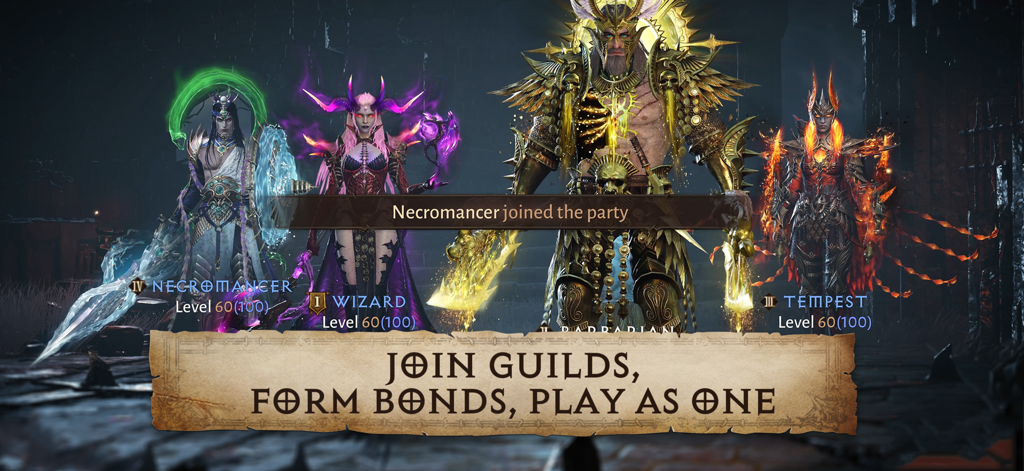 A group of four Diablo Immortal hero classes standing together with text encouraging players to join guilds and form bonds.