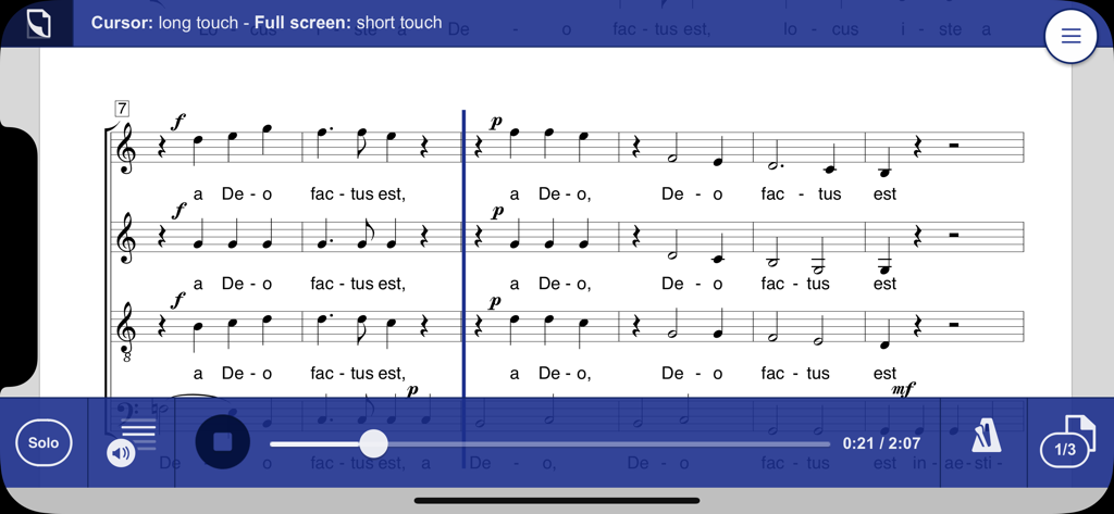 Digitale Noten in der capella score reader App mit Wiedergabe- und Solo-Stimmen-Steuerelementen.