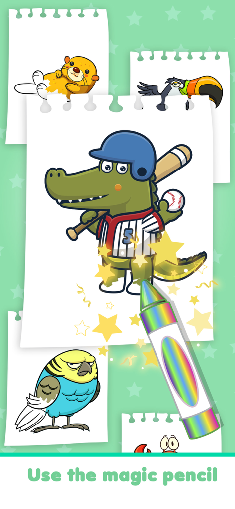 Coloring and painting animals - Interface de aplicativo de colorir para crianças mostrando um lápis mágico arco-íris colorindo um crocodilo jogando beisebol