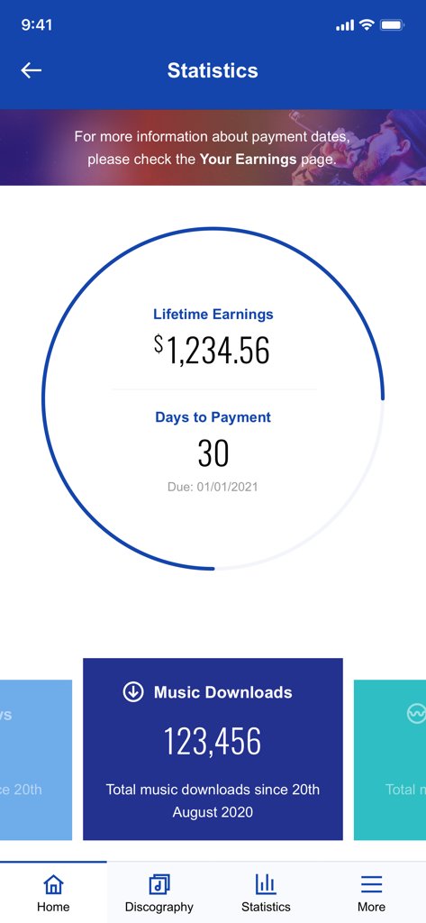 RouteNote - Interfaz de la aplicación RouteNote que muestra las ganancias de por vida y las estadísticas de descargas de música para artistas independientes