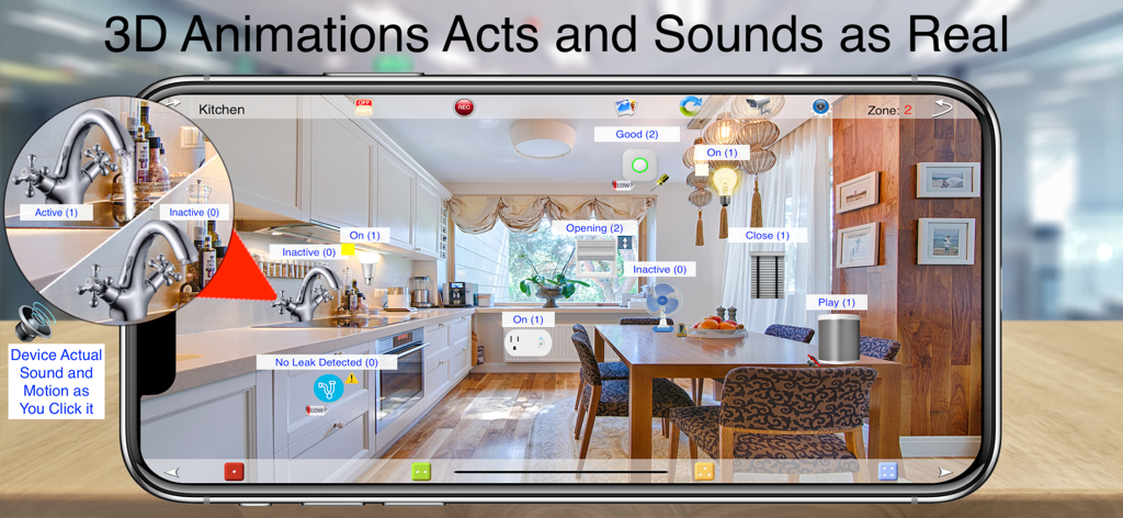 HOS Smart Home app showing a 3D interactive kitchen interface with smart device controls