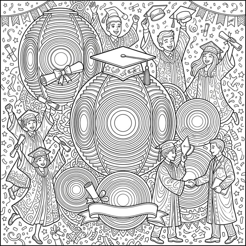Commemorate a momentous occasion with this unique coloring page, blending the intricate beauty of Fresnel lenses with the joy of graduation. Happy graduates celebrate their achievements amidst a festive backdrop, ready for your creative touch.