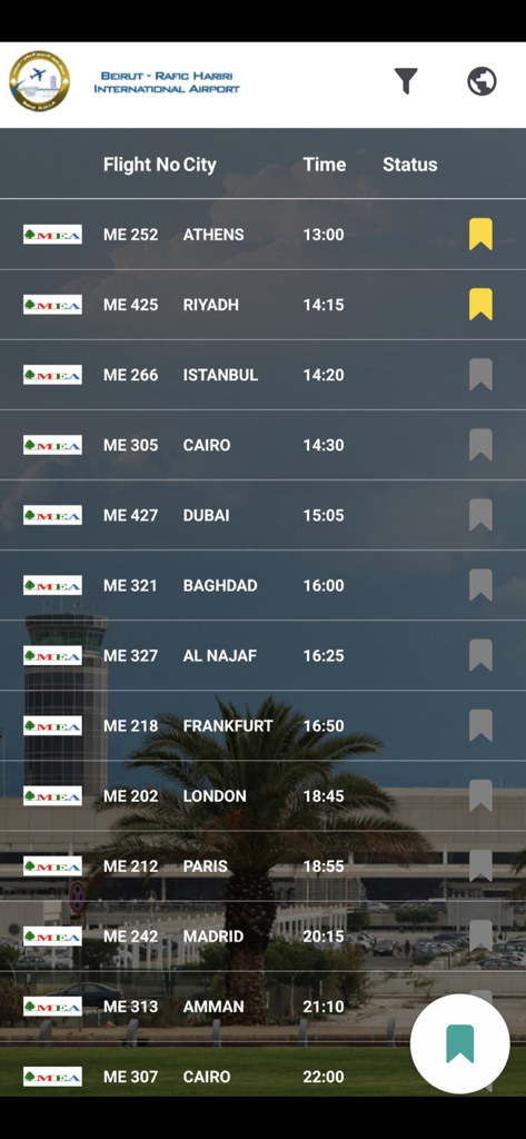 Beirut Airport - Official App - Die offizielle App des Flughafens Beirut zeigt eine Liste von Flügen mit Nummern, Zeiten und Zielen.
