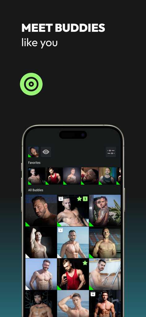 Die B.Buddy App-Oberfläche zeigt ein Raster von Benutzerprofilen für schwule und queere Männer mit einem Abschnitt für Favoriten und alle Buddys