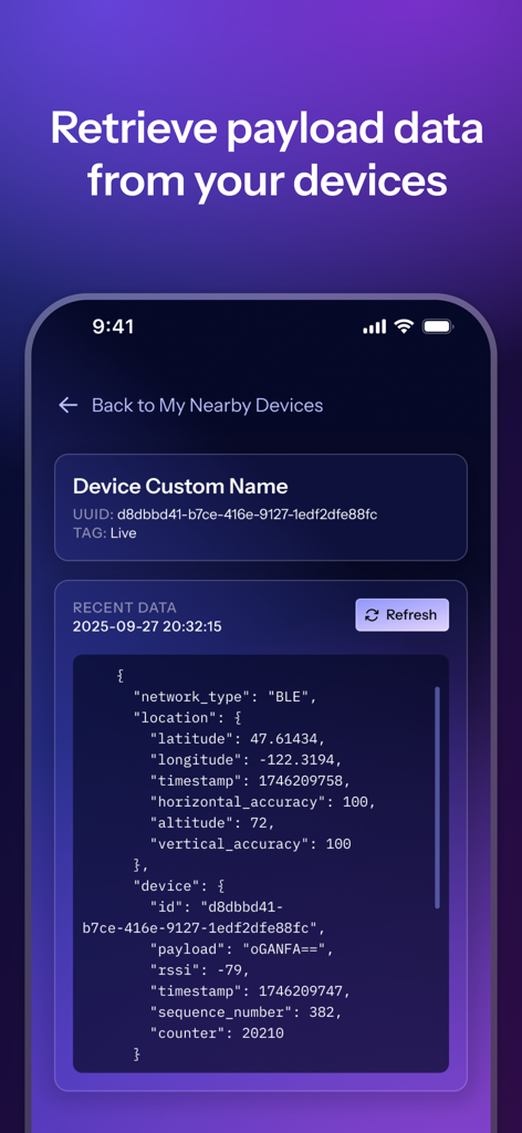 Hubble Connect - Hubble Connect app interface showing a JSON object with retrieved payload data from an IoT device including location and RSSI