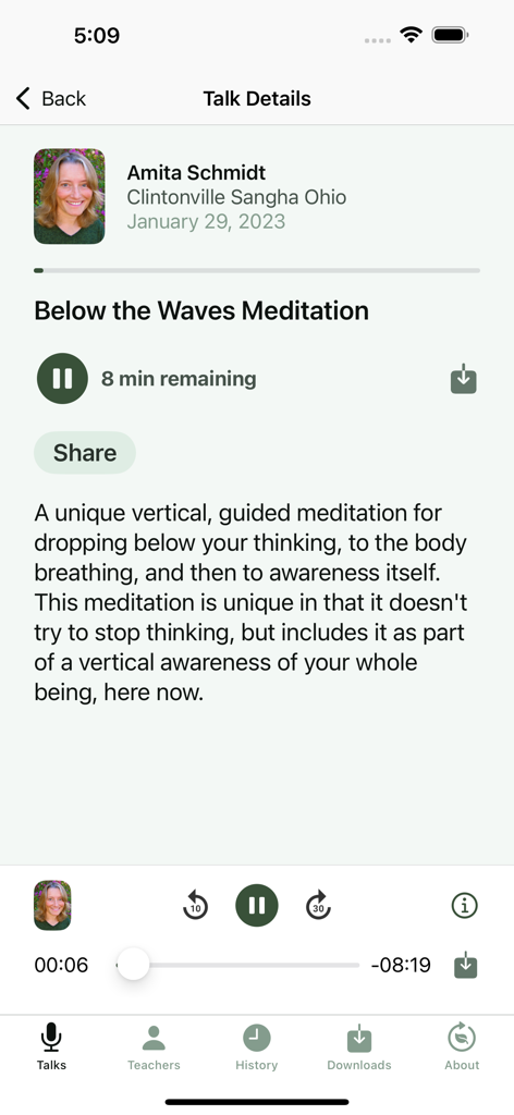 Dharma Seed - Dharma Seed app interface showing meditation talk details for Below the Waves Meditation by Amita Schmidt with audio player controls.