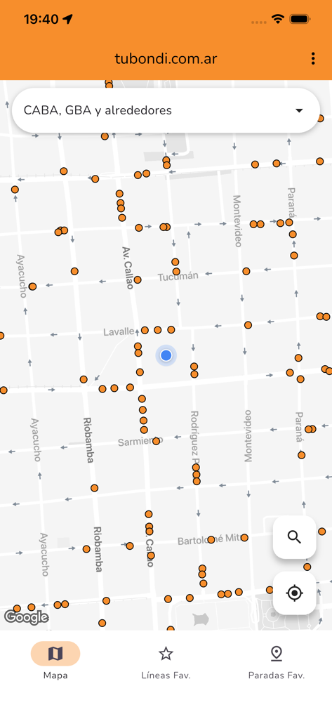 TuBondi: colectivos urbanos - Interfaz de mapa en tiempo real que muestra paradas y ubicaciones de autobuses en Buenos Aires