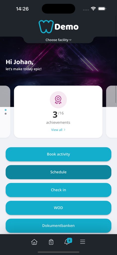 Wondr booking app - Personalized dashboard of the Wondr booking app showing user achievements and fitness class booking options