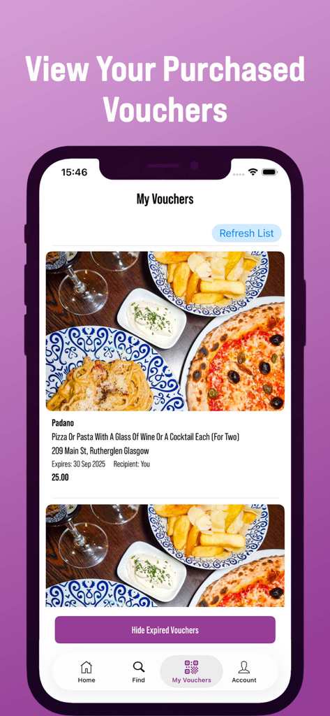MyDine - A mobile screen displaying a list of purchased dining vouchers for high-quality restaurants in the MyDine app.