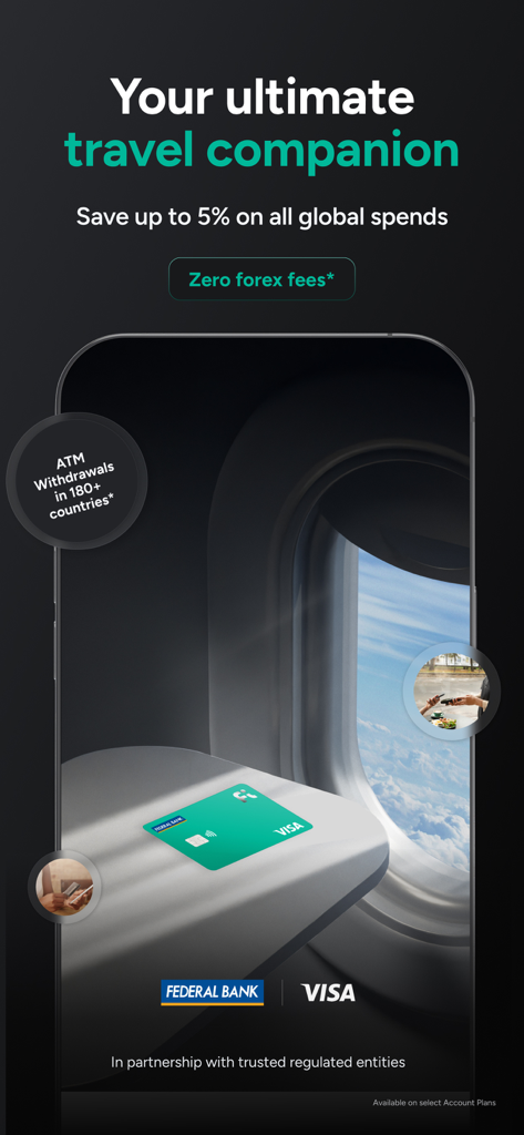 Fi Money Visa debit card advertisement featuring zero forex fees for global travel