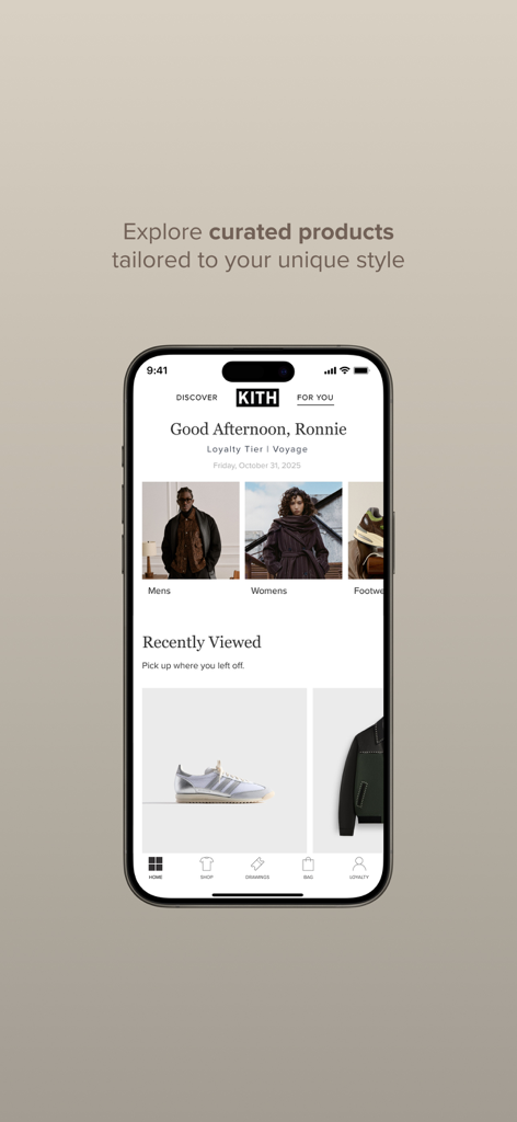 Kith mobile app personalized home screen showing mens and womens categories and loyalty program tier
