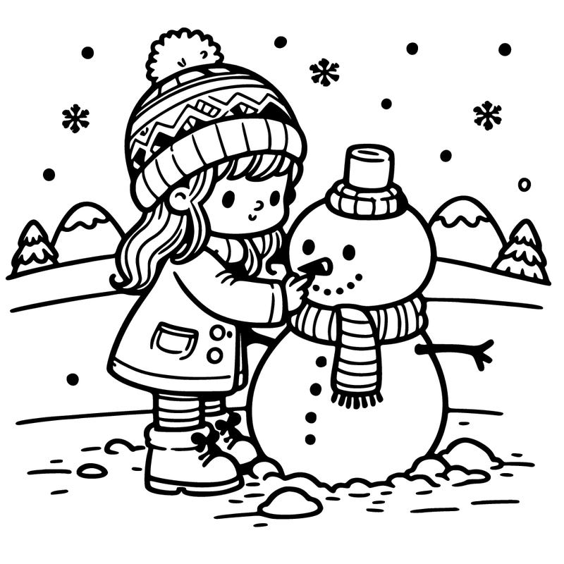 a little girl building a snowman on a winter day