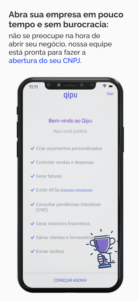 Qipu Contabilidade Abra CNPJ - Pantalla de bienvenida de la aplicación de contabilidad Qipu que muestra una lista de funciones de gestión empresarial, como generación de facturas y monitoreo fiscal