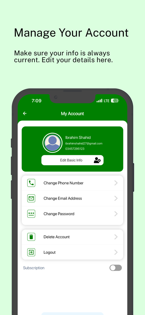 Baloch Transport - Baloch Transport app account management screen showing options to edit user profile and contact details