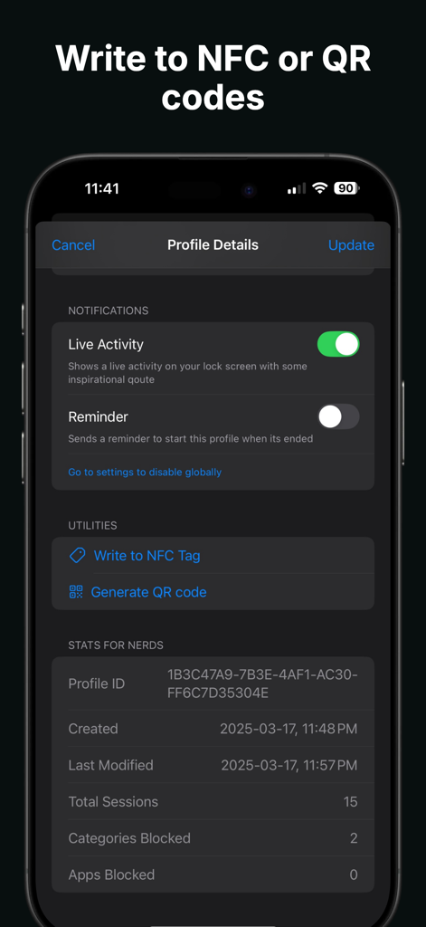 Foqos - Tap to Block - Foqos app interface showing focus profile settings and options to write to NFC tags or generate QR codes.