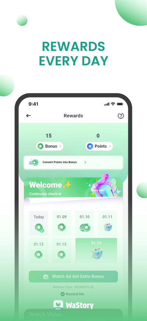 WaStory - WaStory App-Oberfläche, die tägliche Check-in-Belohnungen und ein Bonuspunktsystem zeigt