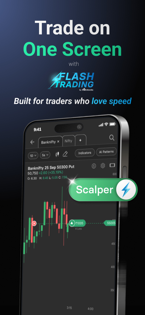 Flash Trading App by INDstocks - Interfaz de la aplicación Flash Trading que muestra un gráfico de acciones en tiempo real y el modo scalper para operaciones rápidas.