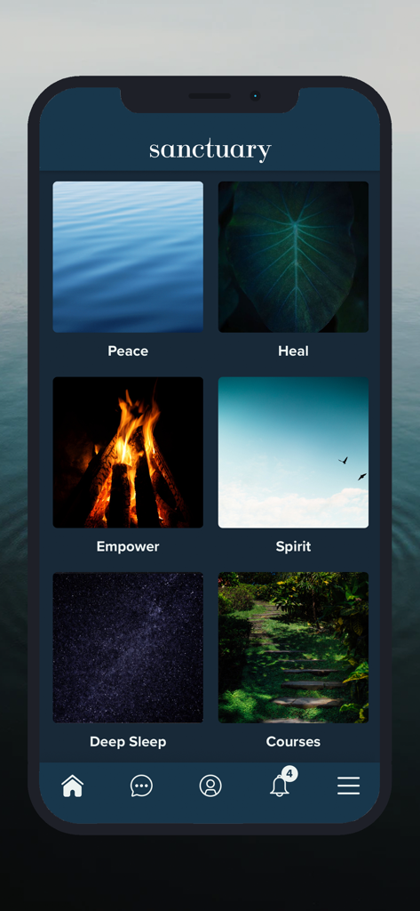 Sanctuary 앱 인터페이스는 평화, 치유, 역량 강화, 정신, 깊은 수면 및 코스 카테고리를 자연 테마 아이콘과 함께 보여줍니다.