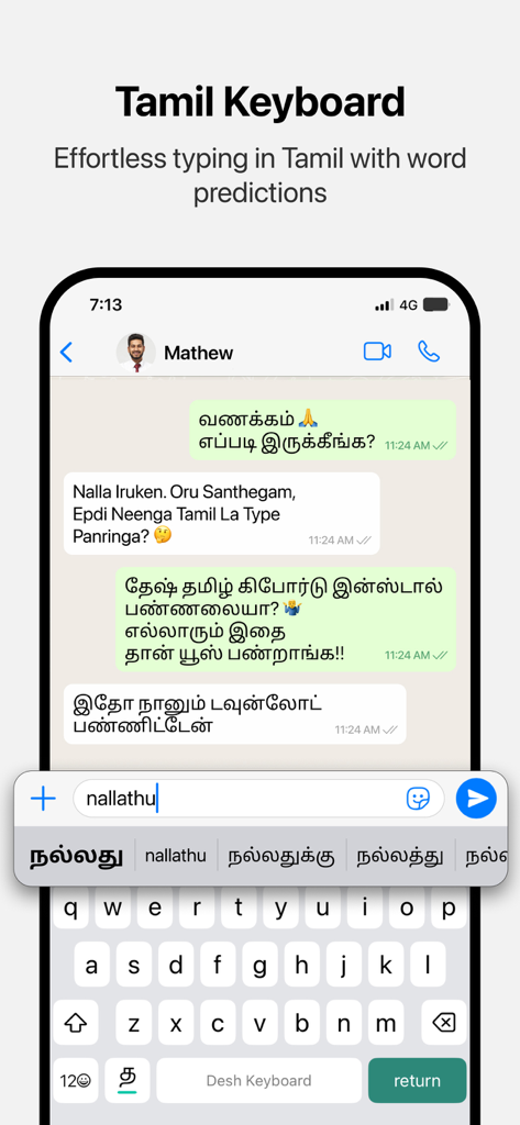 Desh Tamil Keyboard - Interfaz de la aplicación Desh Tamil Keyboard en iPhone mostrando la transliteración de inglés a tamil y las predicciones de palabras.