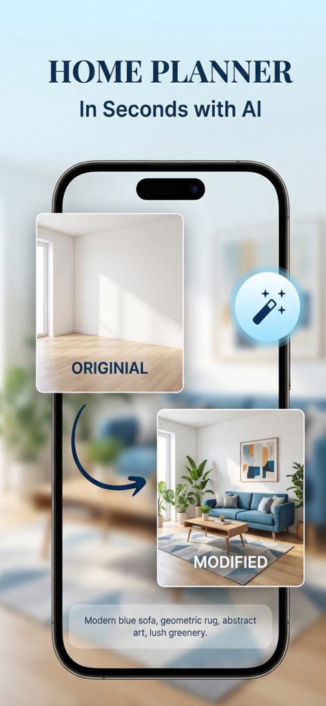 AI Home Design: Makeover,Decor - Interfaz de aplicación de diseño de interiores con IA que muestra una transformación de antes y después de una habitación vacía a una sala de estar moderna con un sofá azul y una alfombra geométrica.