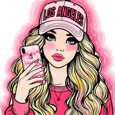 realistic beautiful girl wearing los ángeles cap holding an iphone