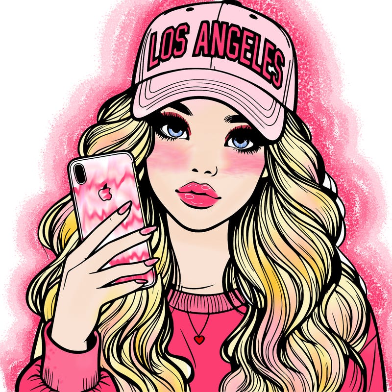 realistic beautiful girl wearing los ángeles cap holding an iphone