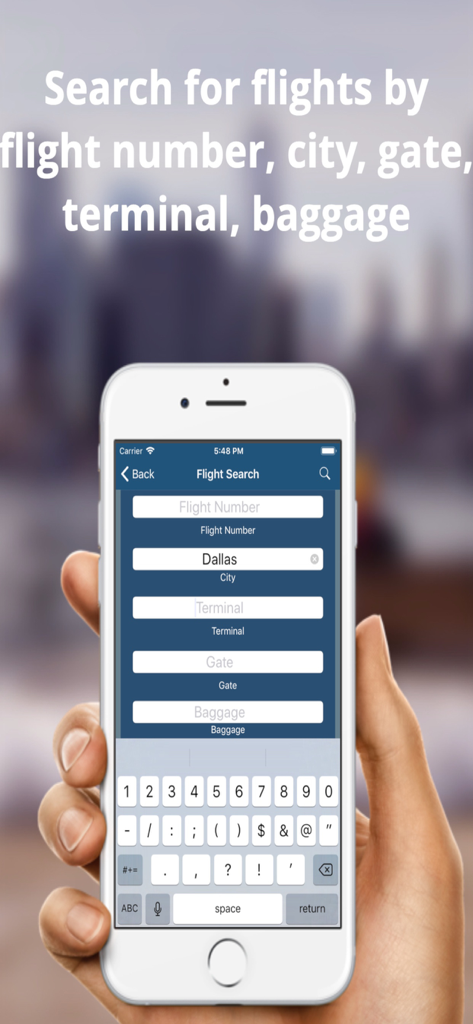 Smartphone, das den Flugsuchbildschirm der App JFK Flughafen Fluginformationen anzeigt, mit Feldern für Flugnummer, Stadt und Terminal