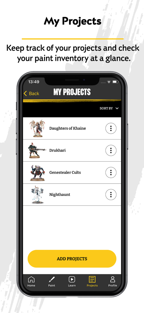 Citadel Colour: The App - A mobile app screen showing the My Projects section with a list of Warhammer factions and an Add Projects button.