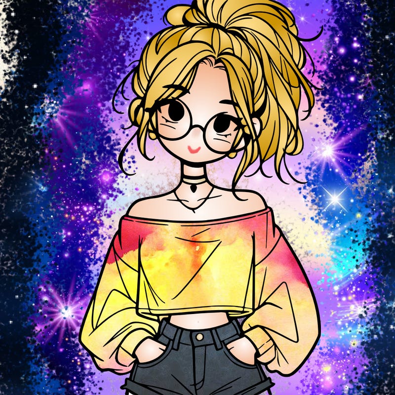 girl with a messy ponytail glasses a baggy crop top and jean shorts