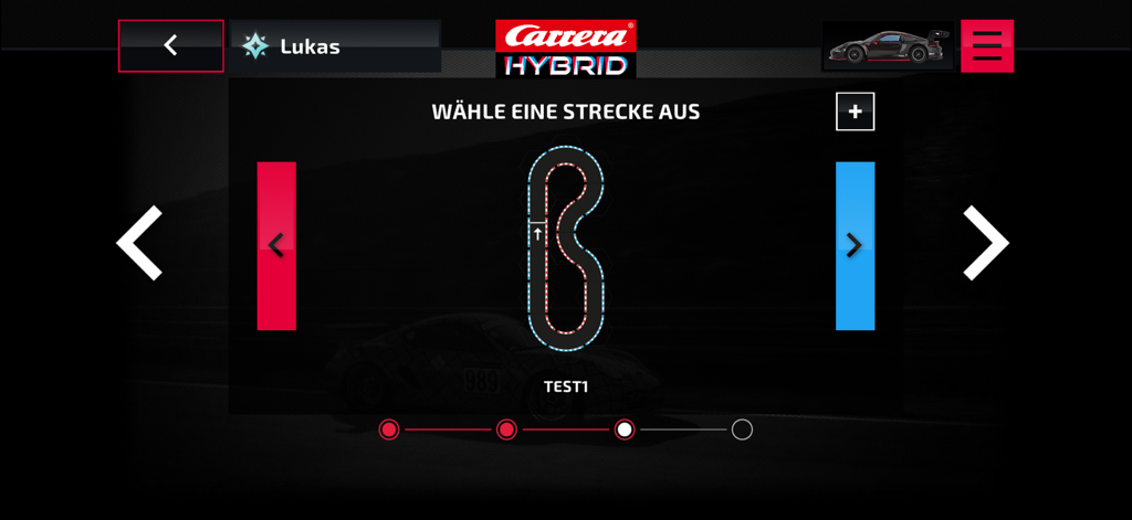 Carrera - HYBRID - Track selection menu in the Carrera Hybrid app showing a custom racing circuit layout.