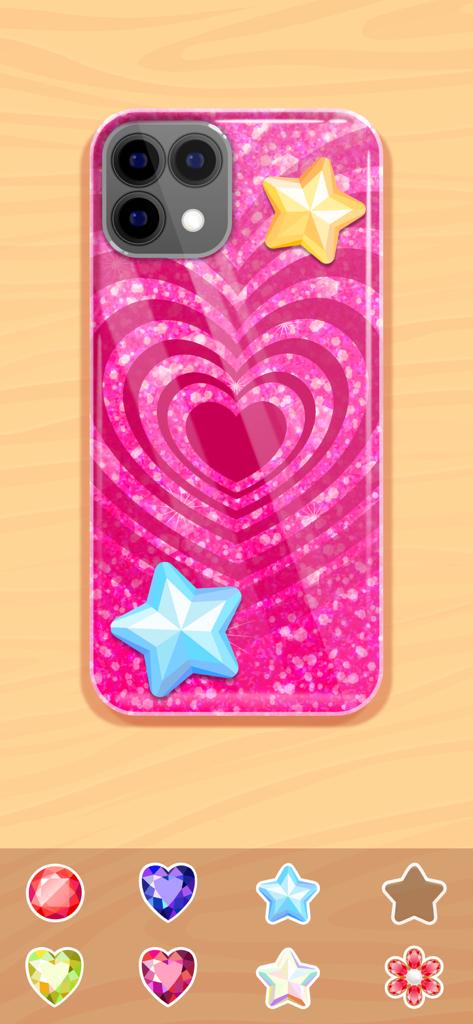 DIY 모바일 게임에서 하트 패턴과 별 스티커로 장식된 핑크색 글리터 폰 케이스입니다