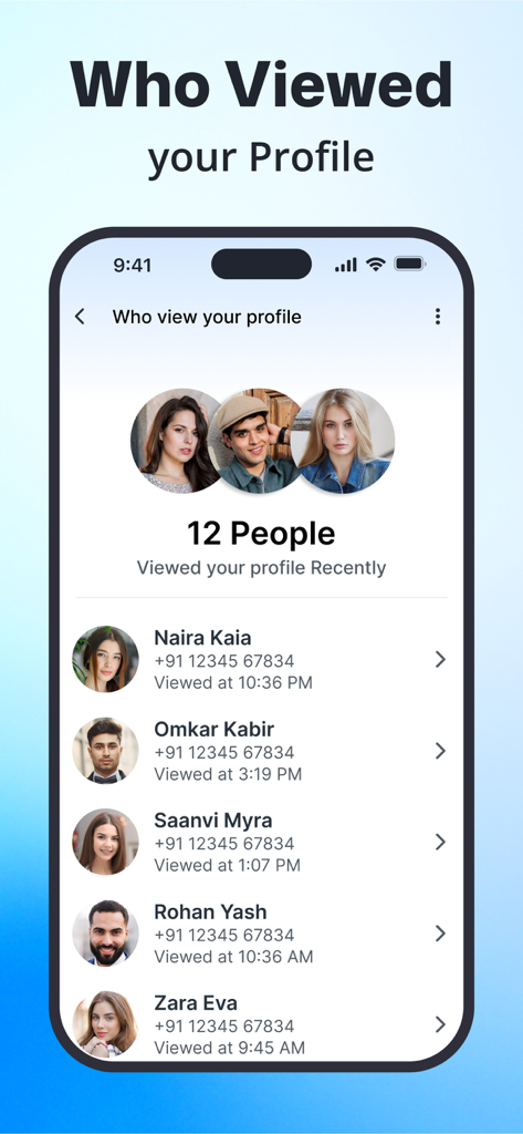 Show Caller ID PRO - A mobile app screen showing a list of people who recently viewed a user profile with names and photos