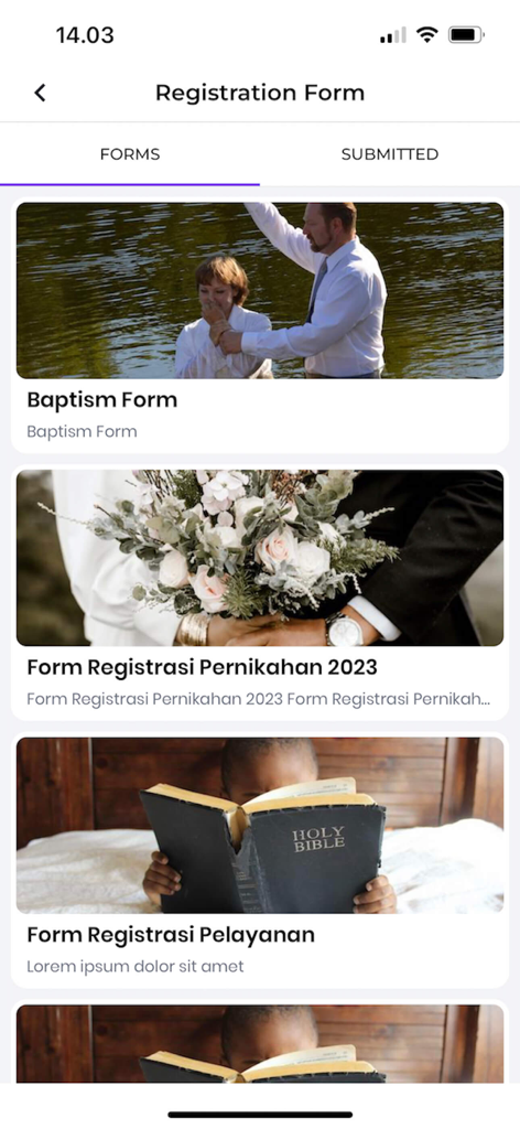 Erista - Erista app registration forms screen showing baptism wedding and service registration options