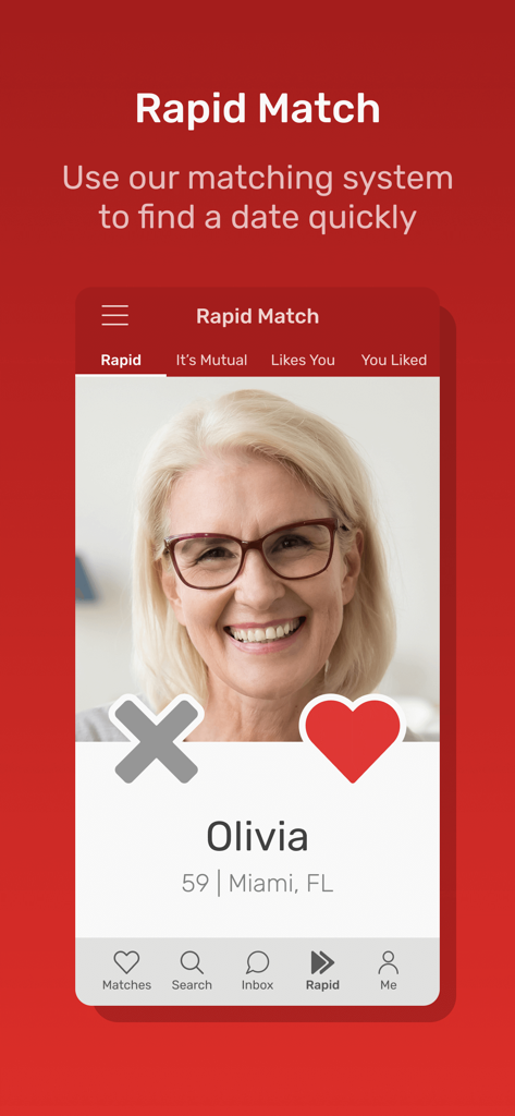 Interfaccia dell'app Incontri Senior che mostra la funzione Rapid Match con il profilo di una donna anziana