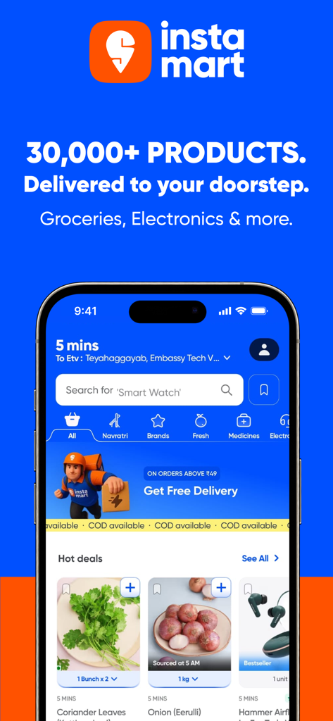 Swiggy Instamart mobile app interface displaying grocery delivery options and product categories