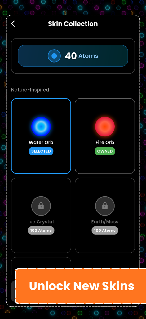 Chain Reaction(Online) - Custom skin collection menu in Chain Reaction Online showing nature inspired orb skins