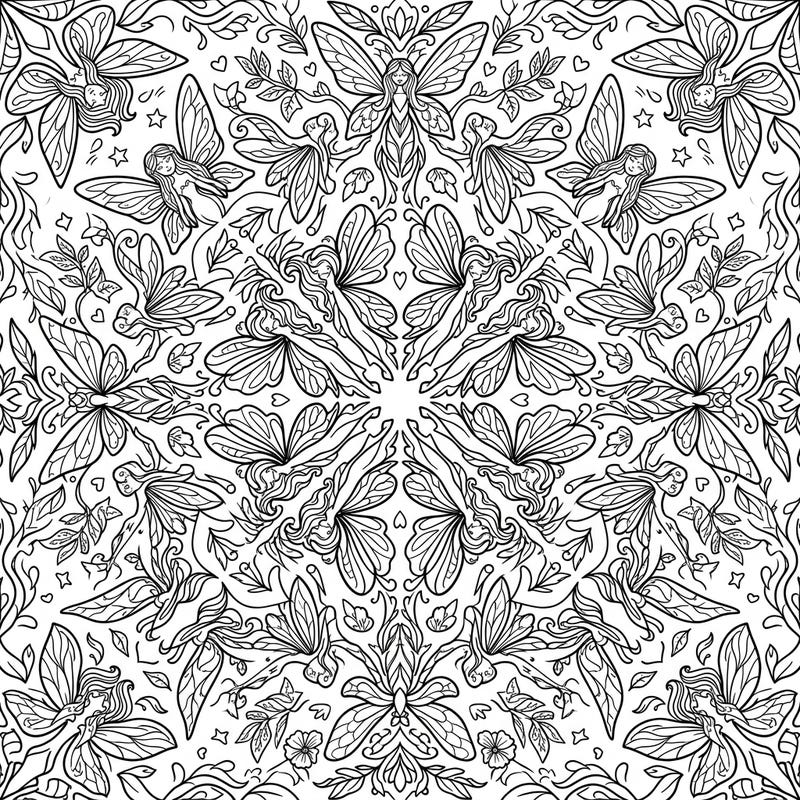 Discover a mesmerizing world with our Kaleidoscope Fairies coloring page, featuring symmetrical patterns of delicate fairies and intricate wings. Perfect for those who love magical themes and relaxing, detailed designs.
