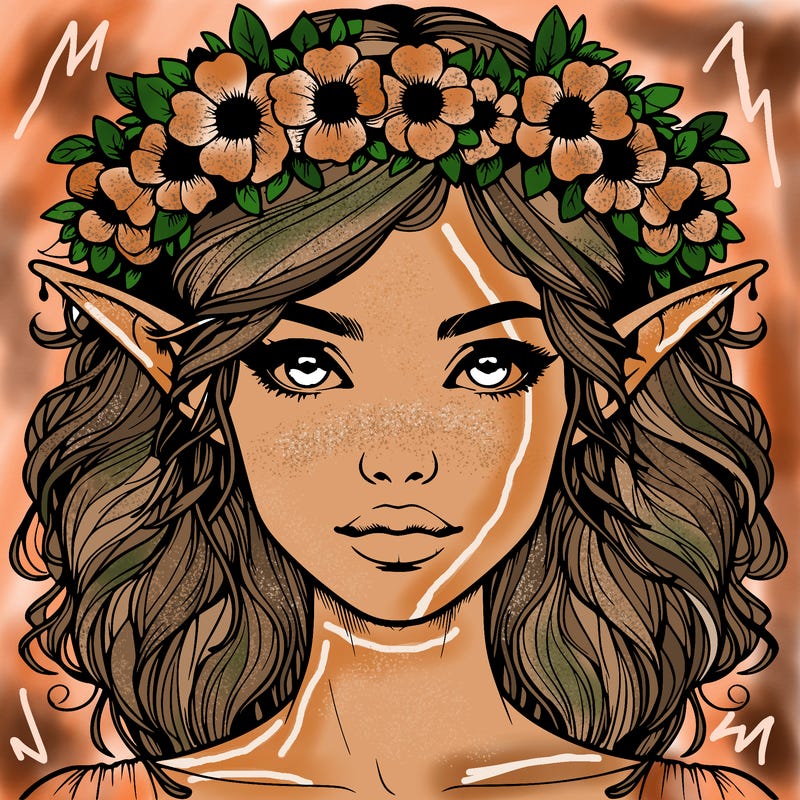 realistic female elf with flower crown