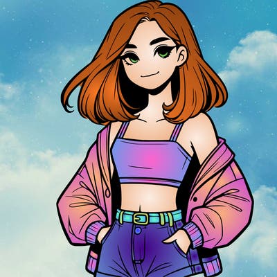 a realistic girl with a crop top and short shorts in an open jacket