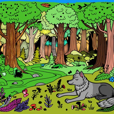 enchanted forest with a wolf