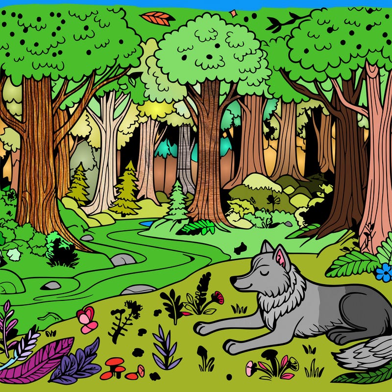 enchanted forest with a wolf