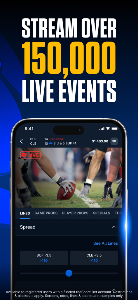 theScore Bet Sportsbook Casino - A smartphone displaying theScore Bet app interface with a live football game stream and real-time betting odds.