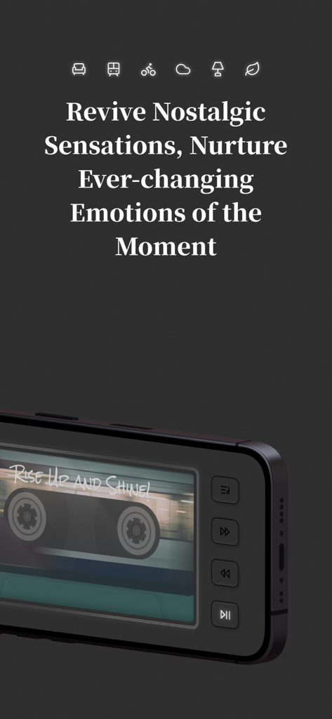 MuseList：Play your loved songs - A mobile screen showing the MuseList app with a nostalgic cassette player interface and the text Revive Nostalgic Sensations