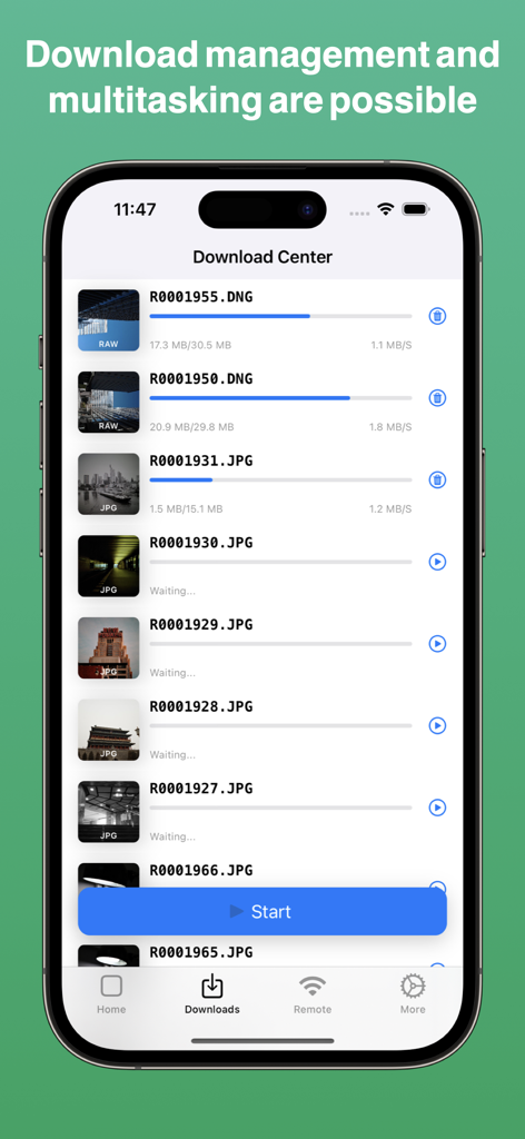 GR Lover - GR World - Screenshot of the GR Lover app Download Center showing a list of DNG and JPG files transferring from a Ricoh GR camera to an iPhone