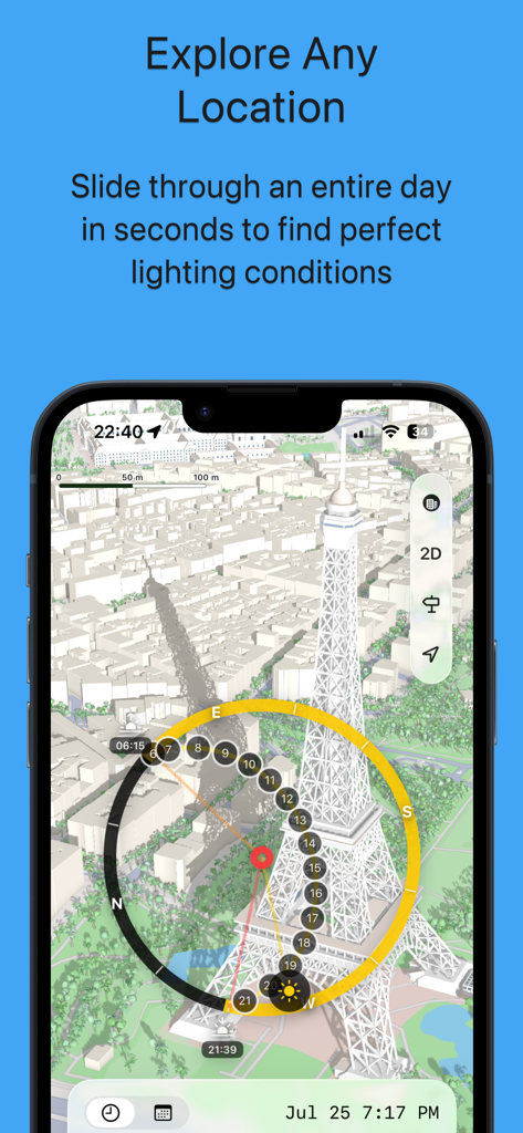 La app Sunio mostrando el rastreo 3D de la trayectoria del sol y sombras para cualquier ubicación