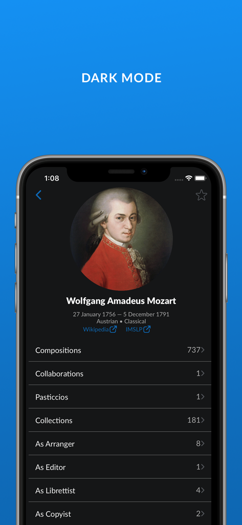 IMSLP - IMSLP app showing Wolfgang Amadeus Mozart's composer profile in dark mode.