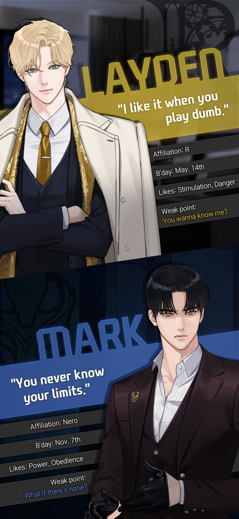 Killing Kiss : BL story game - Character profiles for Layden and Mark from the Killing Kiss BL story game